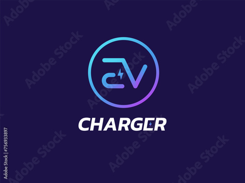Electric Vehicle Charger Connected letter EV with thunderbolt symbol logo vector design concept. Letter EV logotype symbol for Electric Car, EV station, Electric Vehicle industry, ui, website, company
