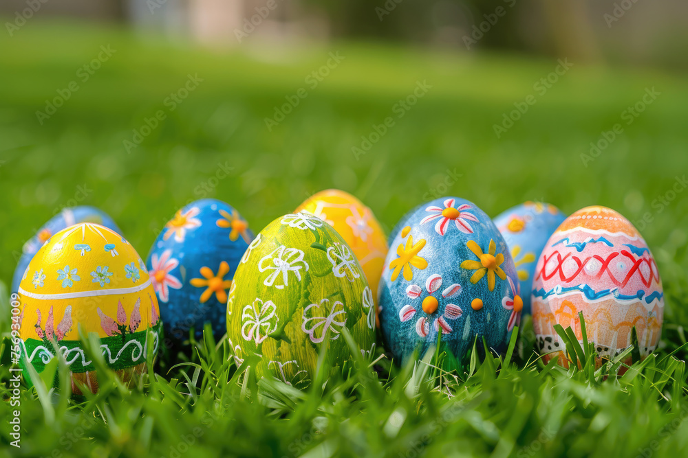 A collection of painted Easter eggs, celebrating a Happy Easter on a spring day. a green grass meadow with copy space. A collection of painted Easter eggs, celebrating a Happy Easter on a spring day. a green grass meadow with copy space.