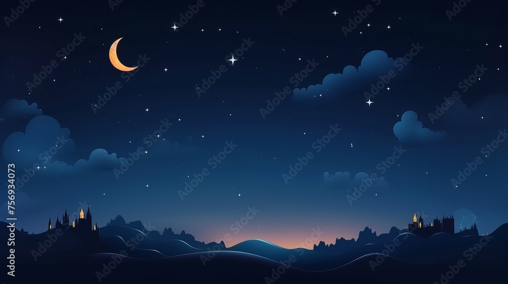 Night sky scenery featuring the moon, stars, and Ramadan Kareem festivities.