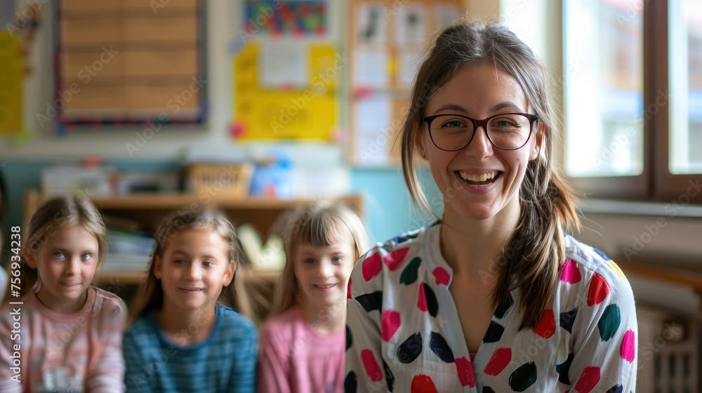 Obraz premium Inspiring Female Teacher with Young Students in School Setting