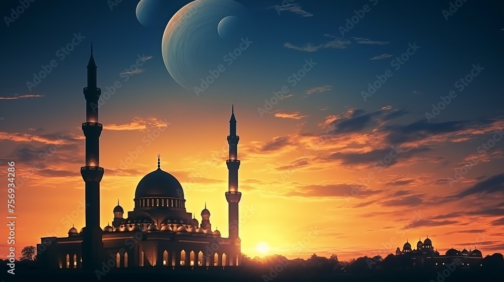 Panoramic Islamic wallpaper featuring a mosque against the sunset sky, illuminated by the moon on a holy night.