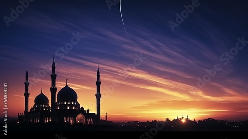Panoramic Islamic wallpaper featuring a mosque against the sunset sky, illuminated by the moon on a holy night.