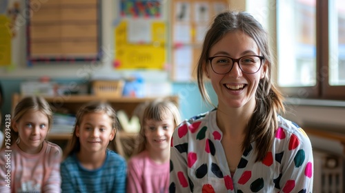 Inspiring Female Teacher with Young Students in School Setting