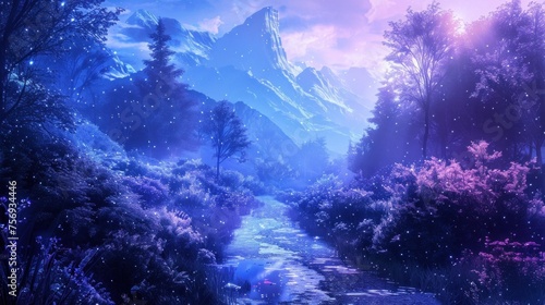 Wander through a landscape of blue and purple hues in a fantastical realm.