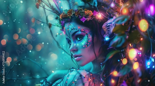 Model adorned in body art posing in a foggy decor with colorful lights. Fantasy scene.