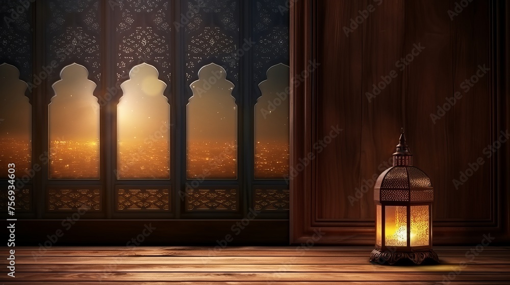 Ramadan Kareem ambiance: mosque window adorned with lantern light and a wooden table, creating a serene backdrop.
