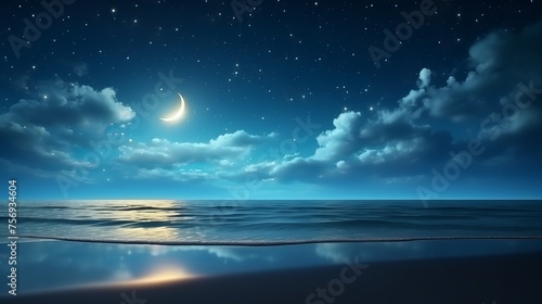 Ramadan Kareem backdrop showcasing a crescent, stars, and luminous clouds over a tranquil sea. © Elchin Abilov