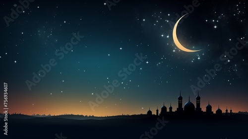 Ramadan Kareem background banner featuring a mosque topped with a crescent moon, evoking the sacred atmosphere of the occasion.