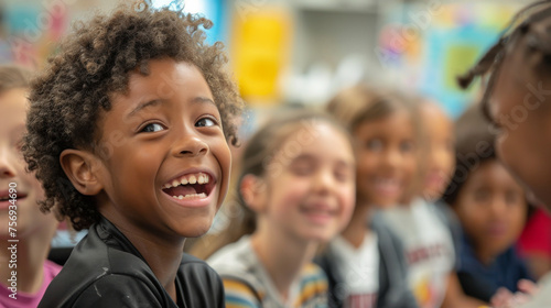 A group of children are smiling and laughing together