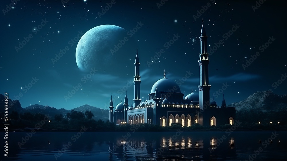 Serene mosque bathed in tranquil blue moonlight, symbolizing Ramadan's arrival. Crescent photo captured for Eid ul Fitr celebration. - obrazy, fototapety, plakaty 