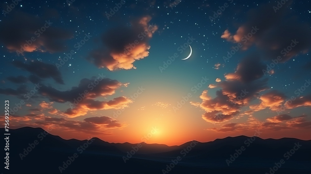 Fototapeta premium Tranquil setting: New moon marking prayer time during the generous Ramadan, with a serene backdrop of a cloudy sunset or sunrise.