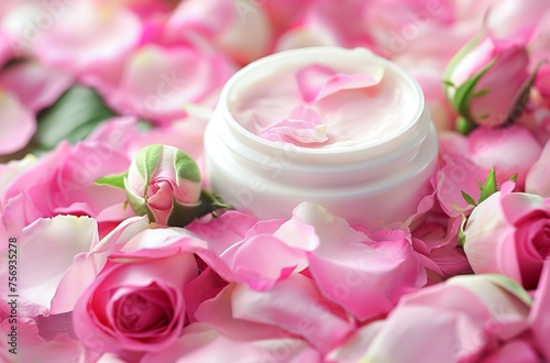 Open Jar of Luxurious Rose-Scented Cream Surrounded by Fresh Pink Petals