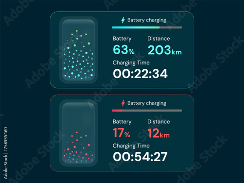 Electric Vehicle battery charging Status Dashboard Hologram Interface with Battery Charging, Low Battery vector design concept. Battery charger neon green for EV car, ui, website, infographic, company