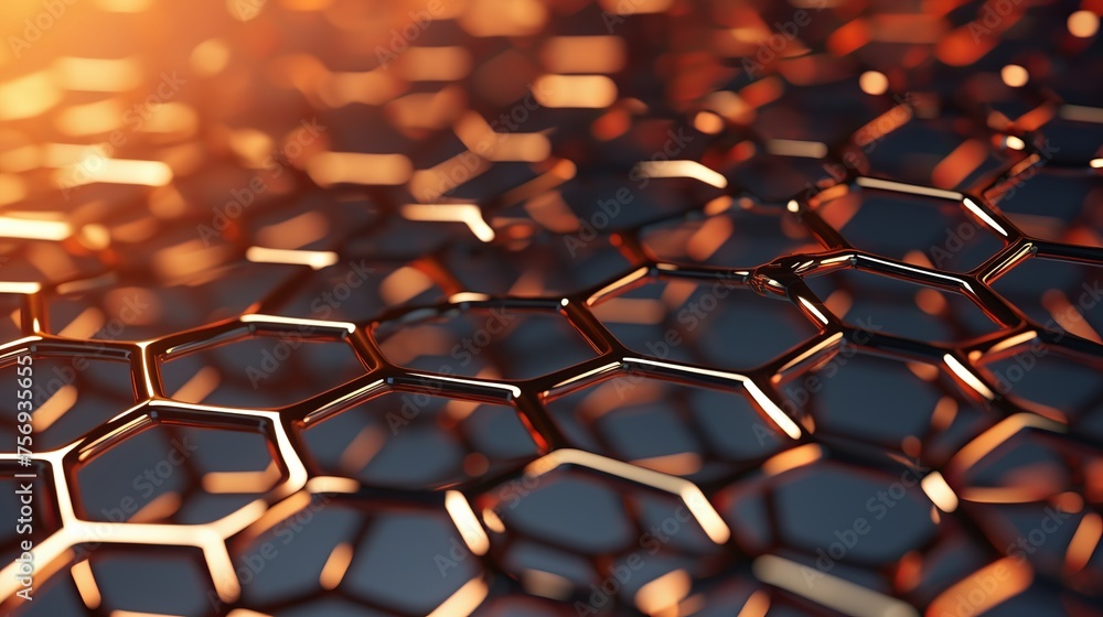 3D depiction of graphene or carbon surface, showcasing its hexagonal geometric structure in close-up, emphasizing its atomic and molecular arrangement. 3D depiction of graphene or carbon surface, showcasing its hexagonal geometric structure in close-up, emphasizing its atomic and molecular arrangement.