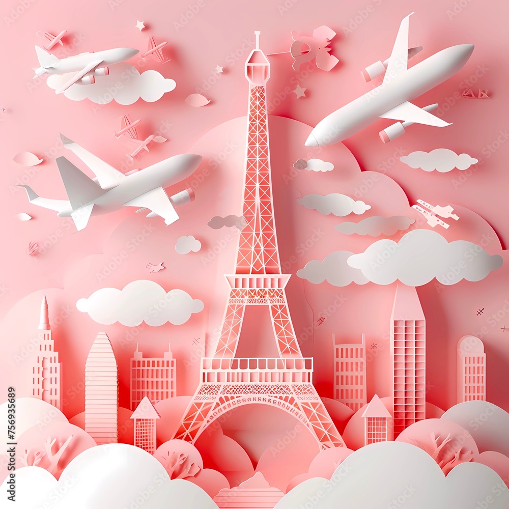 Landmark, Eiffel Tower, Paper-cut,pink,white - obrazy, fototapety, plakaty 