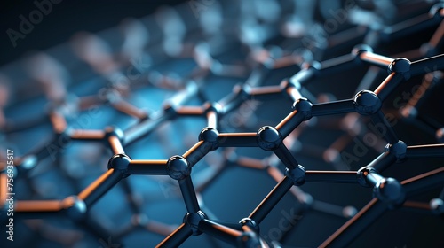 3D depiction of graphene or carbon surface, showcasing its hexagonal geometric structure in close-up, emphasizing its atomic and molecular arrangement.