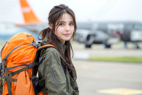 girl with a backpack at the airport. long distance travel concept