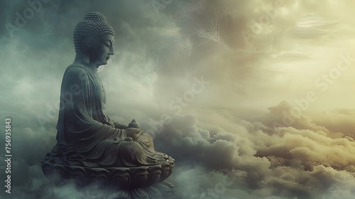 The big buddha at the top of the hill, A statue of Buddha sits atop a mountain, overlooking the landscape below, ai generated © HayyanGFX