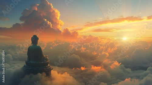 The big buddha at the top of the hill in front of Sun, A statue of Buddha sits atop a mountain, overlooking the landscape below, ai generated