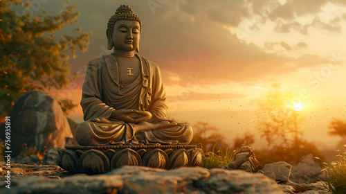 The big buddha at the top of the hill in front of Sun, A statue of Buddha sits atop a mountain, overlooking the landscape below, ai generated © HayyanGFX