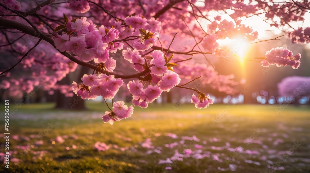 Abundantly blooming cherry tree garden on a lush lawn, with sunlight filtering through the branches. Abundantly blooming cherry tree garden on a lush lawn, with sunlight filtering through the branches.