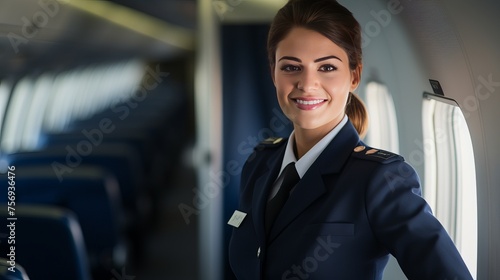 Wallpaper Mural Beautiful air hostess smiling inside an airplane. Torontodigital.ca