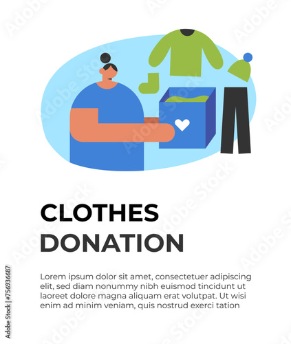 Donation boxes. Exchange of used clothes. Girl gives Fashionable donation box for charity clothing. Flat vector illustration.