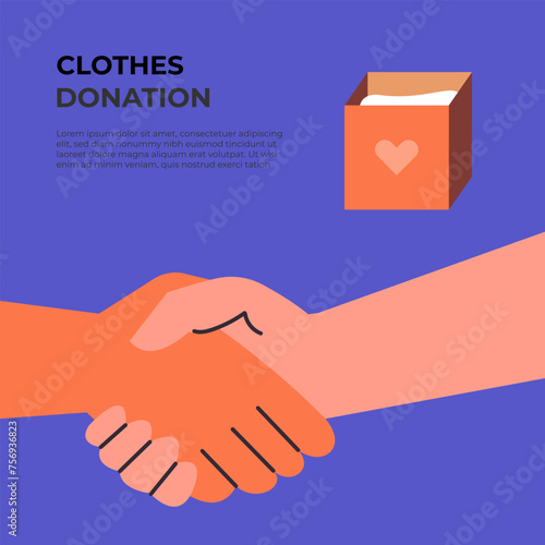 Donation boxes. Exchange of used clothes. Handshake with Fashionable donation box for charity clothing. Flat vector illustration.