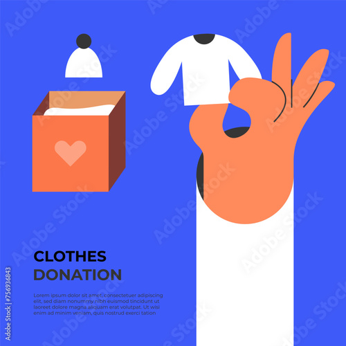 Donation boxes. Exchange of used clothes. Hand with Fashionable donation box for charity clothing. Giving clothes to donation bins. Flat vector illustration.