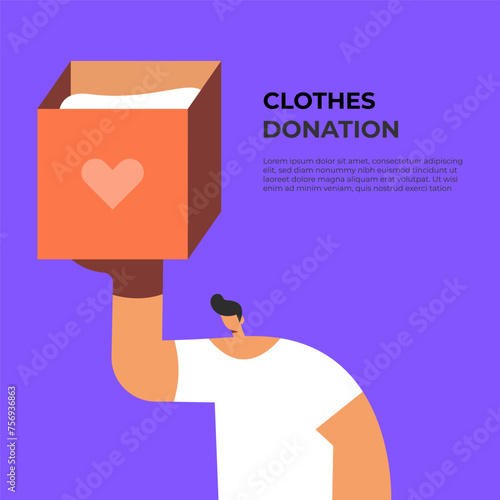 Donation boxes. Exchange of used clothes. Man with Fashionable donation box for charity clothing. Flat vector illustration.