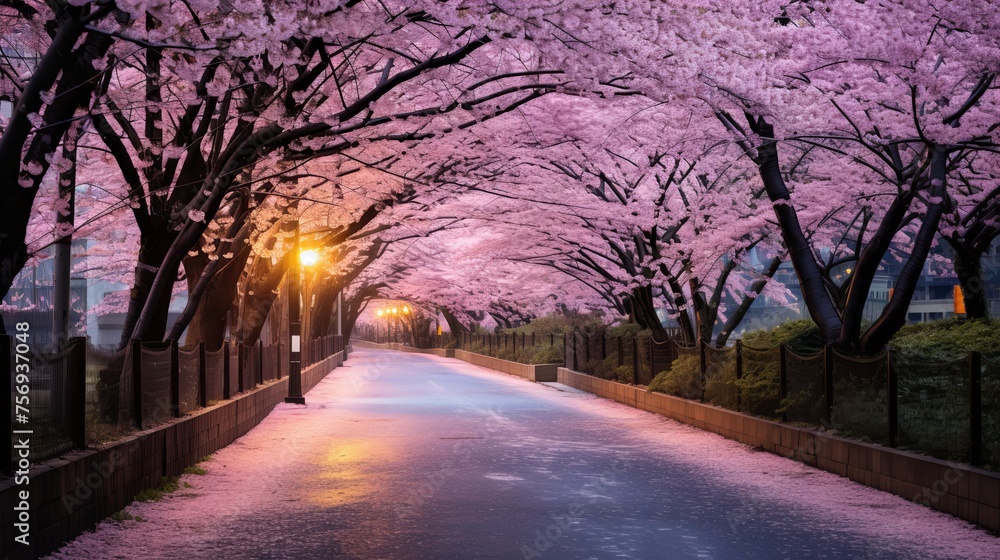 Cherry blossoms in bloom lining a roadway. Cherry blossoms in bloom lining a roadway.