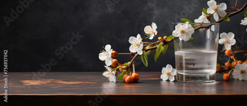 Beautiful fruit blossom in glass on table on grey back