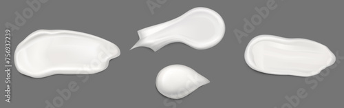 White cream or lotion swatch and drop on grey background. Realistic 3d vector illustration set of cosmetic and skincare liquid gel smear. Creamy makeup or cleanser milky product thick smudge.