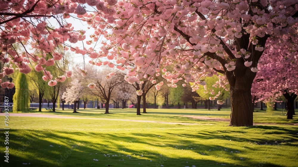 Naklejka premium Decorative garden featuring magnificently blooming cherry trees set against a lush green lawn.