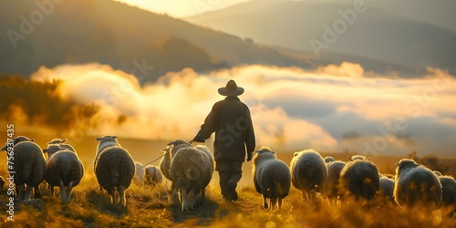 A shepherd leads a herd of sheep through a vast pasture. Concept Agriculture, Livestock, Farming, Rural life, Landscapes