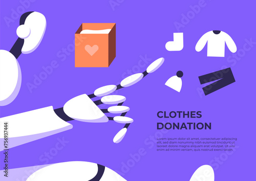 Donation boxes. Exchange of used clothes. Ai Robot point on Fashionable donation box for charity clothing. Flat vector illustration.