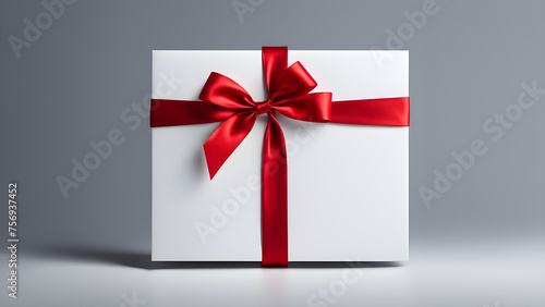 Gift tied with red ribbon on solid color background, holiday gift, space for text  © StellarK