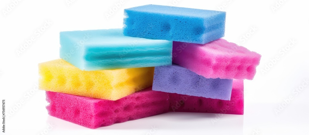 A rectangular arrangement of pink, violet, magenta, and electric blue sponges made of plastic resemble an art piece or fashion accessory on a white surface A rectangular arrangement of pink, violet, magenta, and electric blue sponges made of plastic resemble an art piece or fashion accessory on a white surface