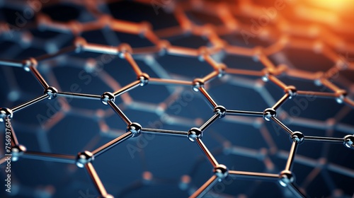 Detailed 3D rendering of nanotechnology's hexagonal geometric form, highlighting the atomic and molecular structure of graphene.