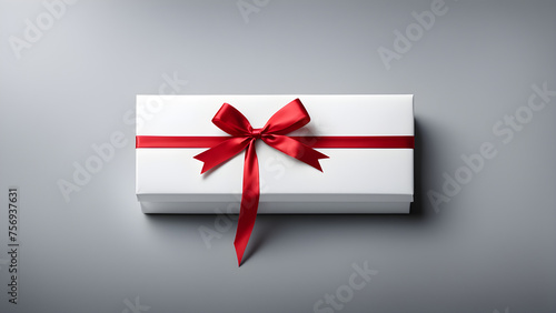 Gift tied with red ribbon on solid color background, holiday gift, space for text 