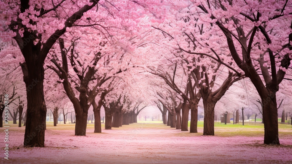 Obraz premium Exquisite early spring blossoming cherry trees, adorned in shades of pink.
