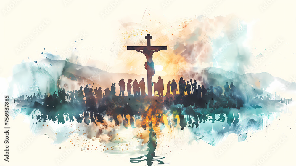 Obraz premium Good Friday, Christianity, Jesus, watercolors, crosses, believers in prayer, Easter,die