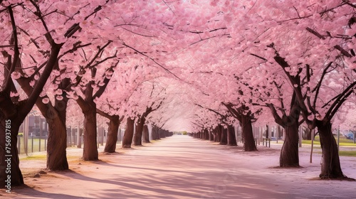 Exquisite early spring blossoming cherry trees  adorned in shades of pink.