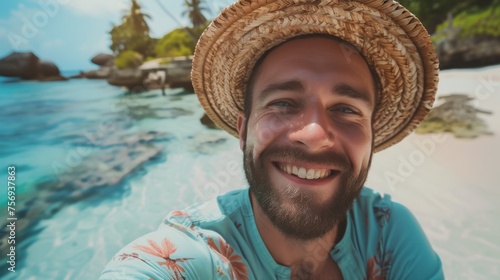 close-up shot of a good-looking male tourist. Enjoy free time outdoors near the sea on the beach. Looking at the camera while relaxing on a clear day Poses for travel selfies smiling happy tropical #756937863