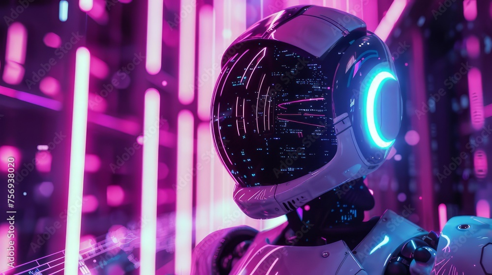 An image depicting a cybernetic robot in a dark, futuristic setting, featuring a color scheme of light azure and pink, inspired by neo-academism. An image depicting a cybernetic robot in a dark, futuristic setting, featuring a color scheme of light azure and pink, inspired by neo-academism.