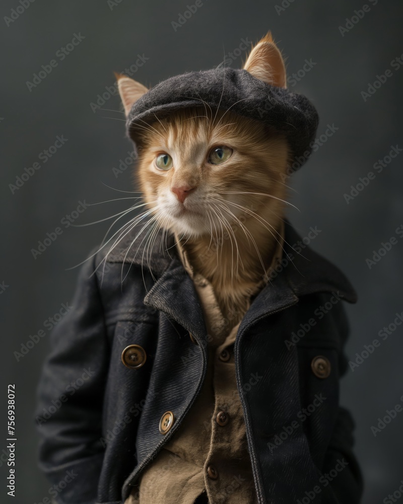 Stylish cat in a coat and newsboy cap.A cat seamlessly blends into human fashion, donning a coat and a classic newsboy cap Stylish cat in a coat and newsboy cap.A cat seamlessly blends into human fashion, donning a coat and a classic newsboy cap