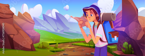 Teen boy scout with backpack looking at paper map while standing on valley surrounded by big rocks. Cartoon vector illustration of young male tourist travel in mountains. Hiker on summer camp vacation