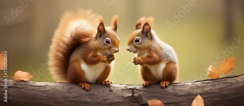 Two rodents with whiskers and furry tails, squirrels are sitting on a tree branch nibbling on nuts. This terrestrial animal event is a common sight in the forest