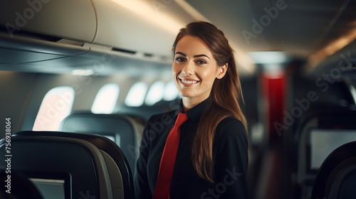 Gorgeous flight attendant smiling inside an airplane. © Shabnam