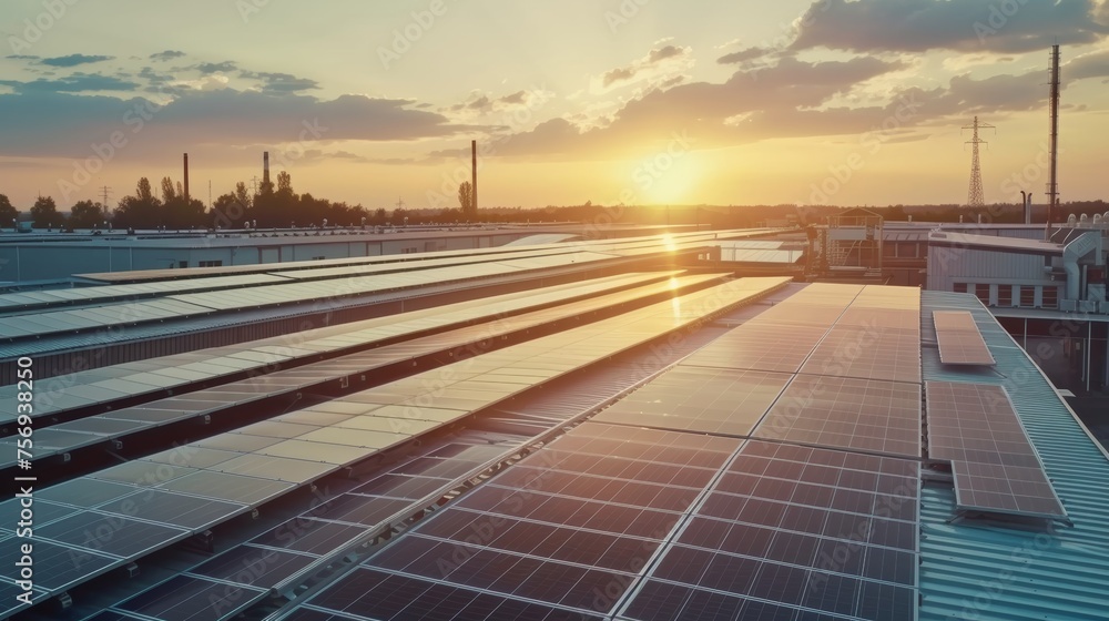 Fototapeta premium Solar panel on factory or house roof top. Photovoltaic power supply systems. Solar power plant. The source of ecological renewable energy, environment, power, technology